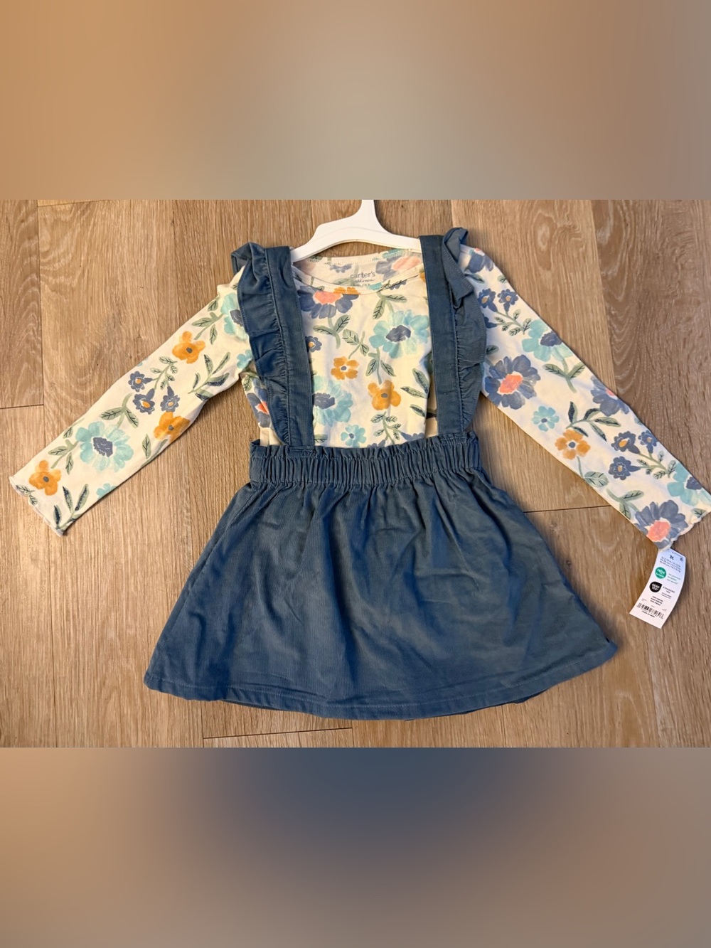 Carter's Girl's Size 3T Smokey Blue Pinafore Jumper with Floral Long-Sleeve Top